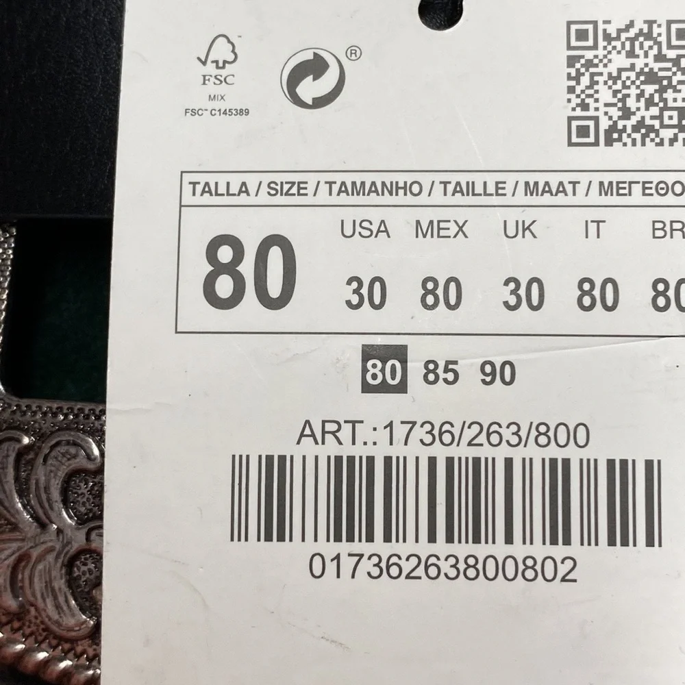NWT. Zara Black Vegan Leather Embossed Western Silver Buckle Belt. Size 30.